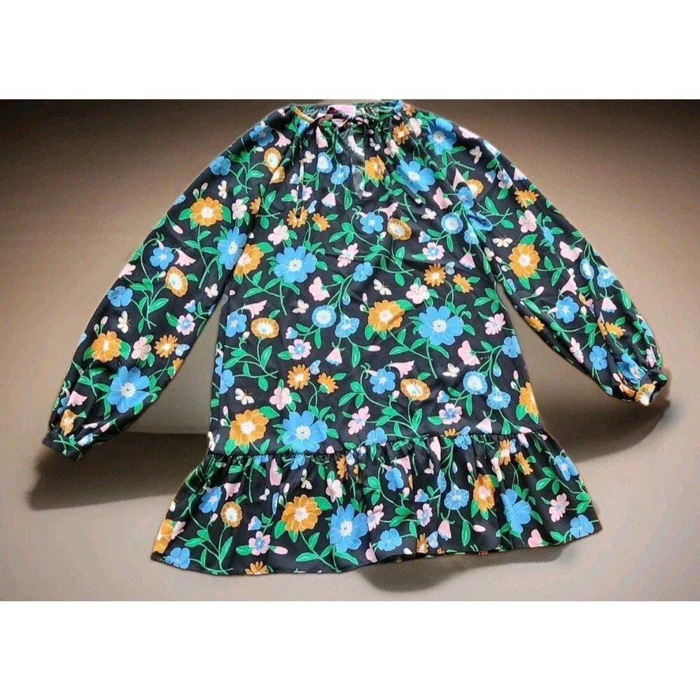 Kate Spade Black Floral Puff Sleeve Tunic Blouse Round Neck Size S (726)